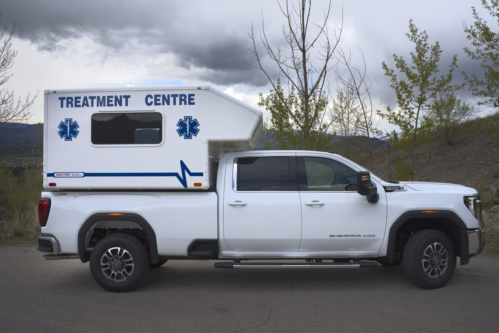 Code Three Mobile Treatment Centre on a GMC Sierra HD outside our Kelowna facility