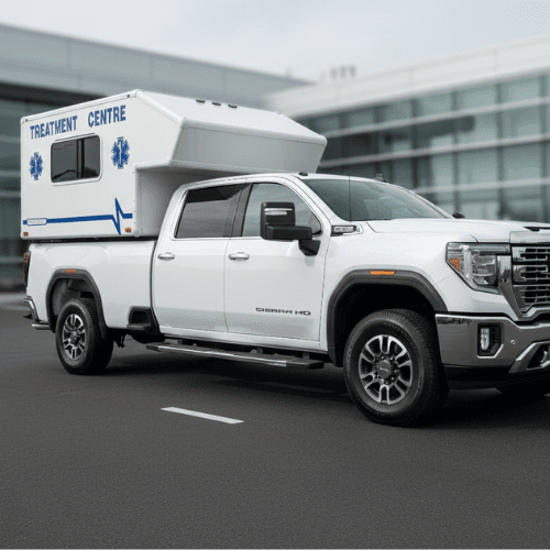 Code Three Mobile Treatment Centre mounted on a pickup truck for remote community medical response